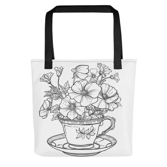 Teacup Flowers Color-Me Tote bag Coloring Therapy DIY bag