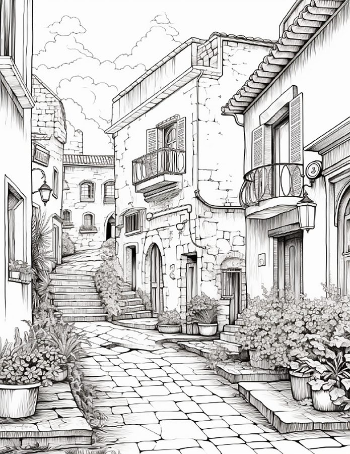 Village Lane free printable coloring page